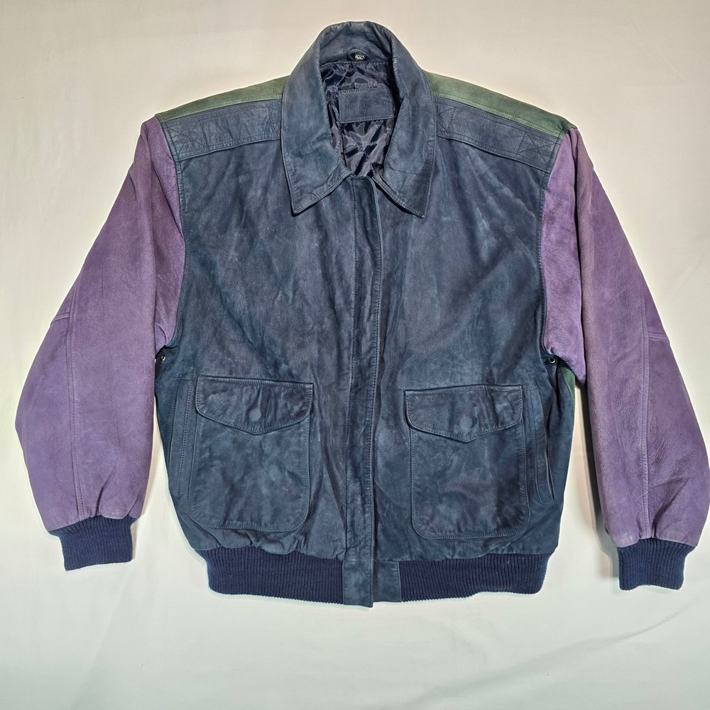 Hunt Club Vintage Leather Bomber Jacket Large Navy Green Purple Colorblock Retro